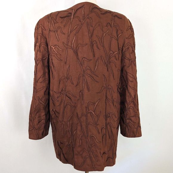 Carmen Marc Valvo Brown Linen Women's 12 Embroidered Snap Front Jacket - Picture 5 of 10